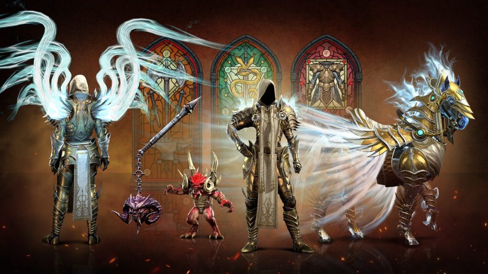 Diablo IV Season of Hell's Legacy artwork showing winged armored figures, a hooded wanderer and an armored winged mount before stained-glass windows