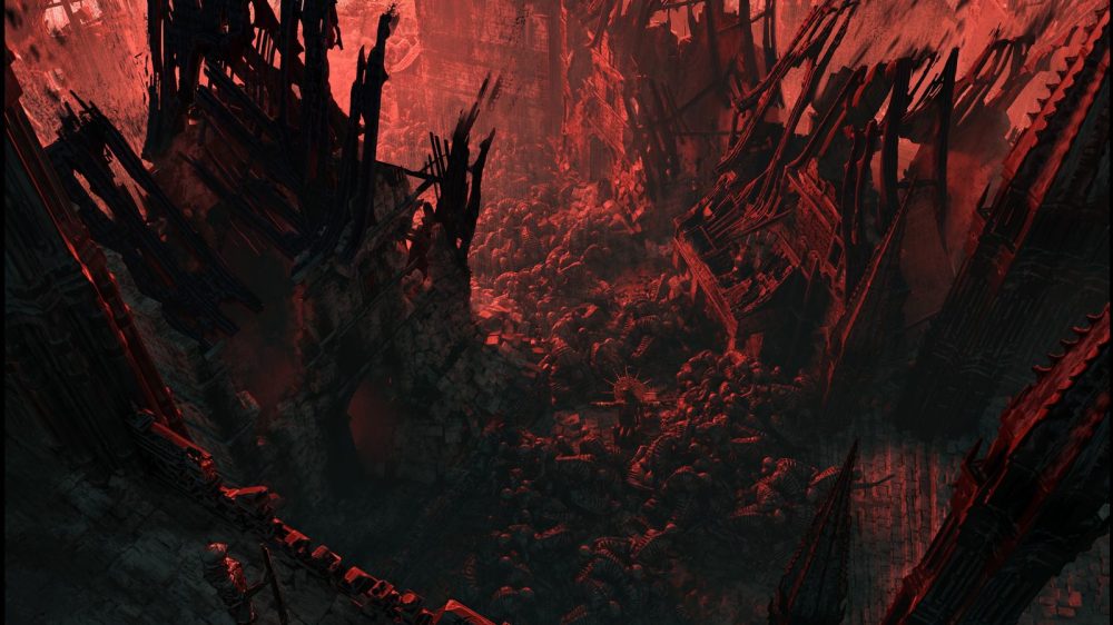 Red-toned Diablo V concept art of a ruined, burning landscape