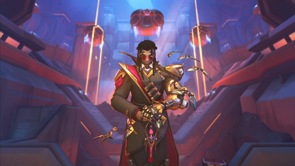 Overwatch Support hero Doctrine in a red coat with bat-like drones, standing in a prison corridor