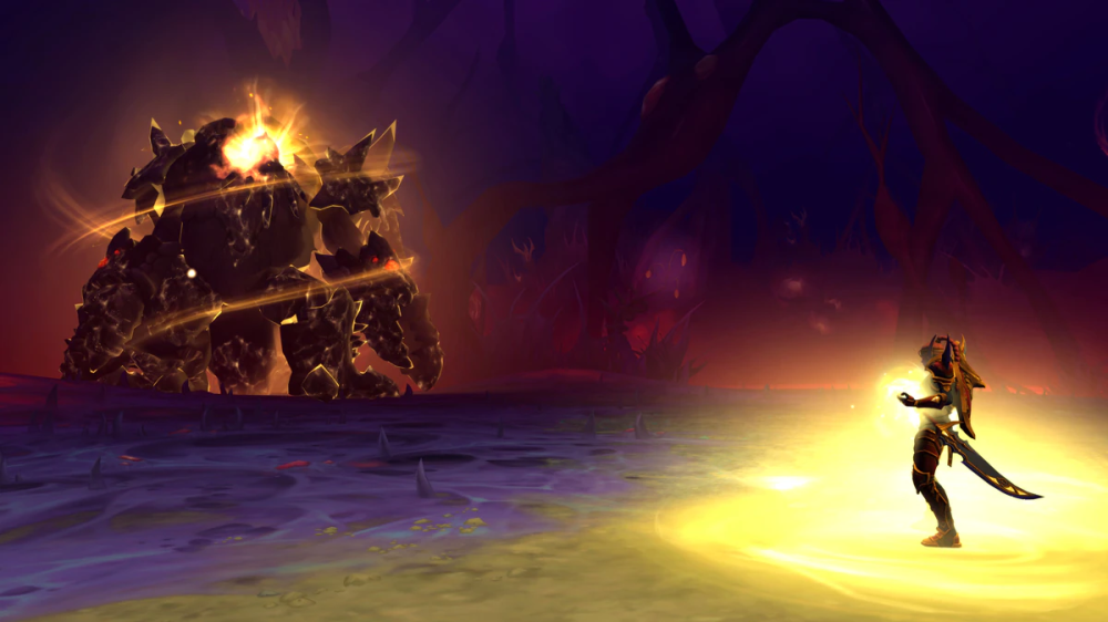 World of Warcraft: Midnight 12.1.5 screenshot of a lone champion with a glowing blade facing a towering molten creature in a purple cavern